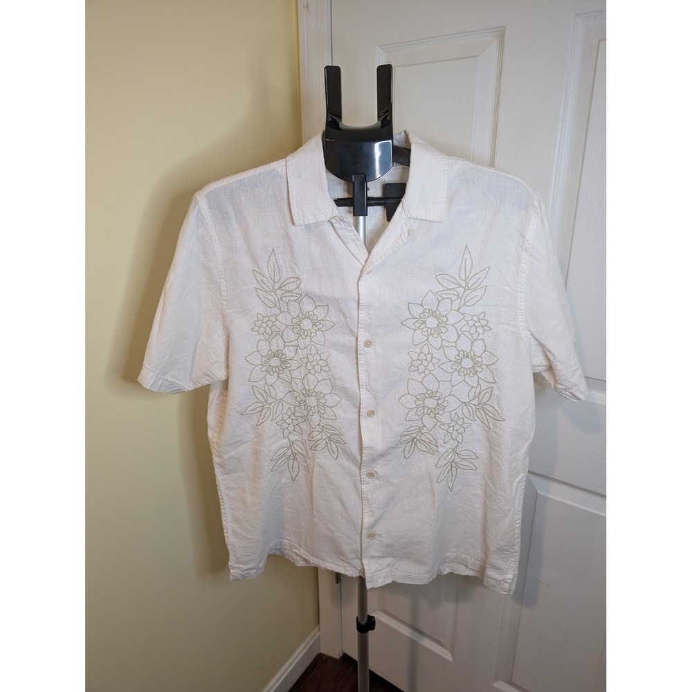 Folk Healey Ecru Embroidered Floral Shirt Cotton Linen Short Sleeve - Size L